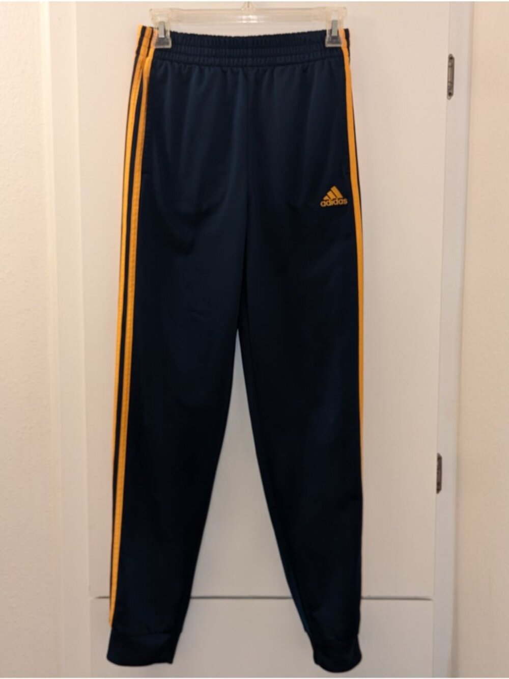 Adidas Navy & Yellow Youth Track Pants Size L 14/16 Polyester Elastic Waist 3-St